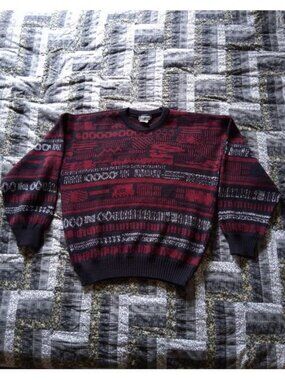 VTG 1980s Moores Black & Red Geometric Abstract Pattern Sweater Adult Large